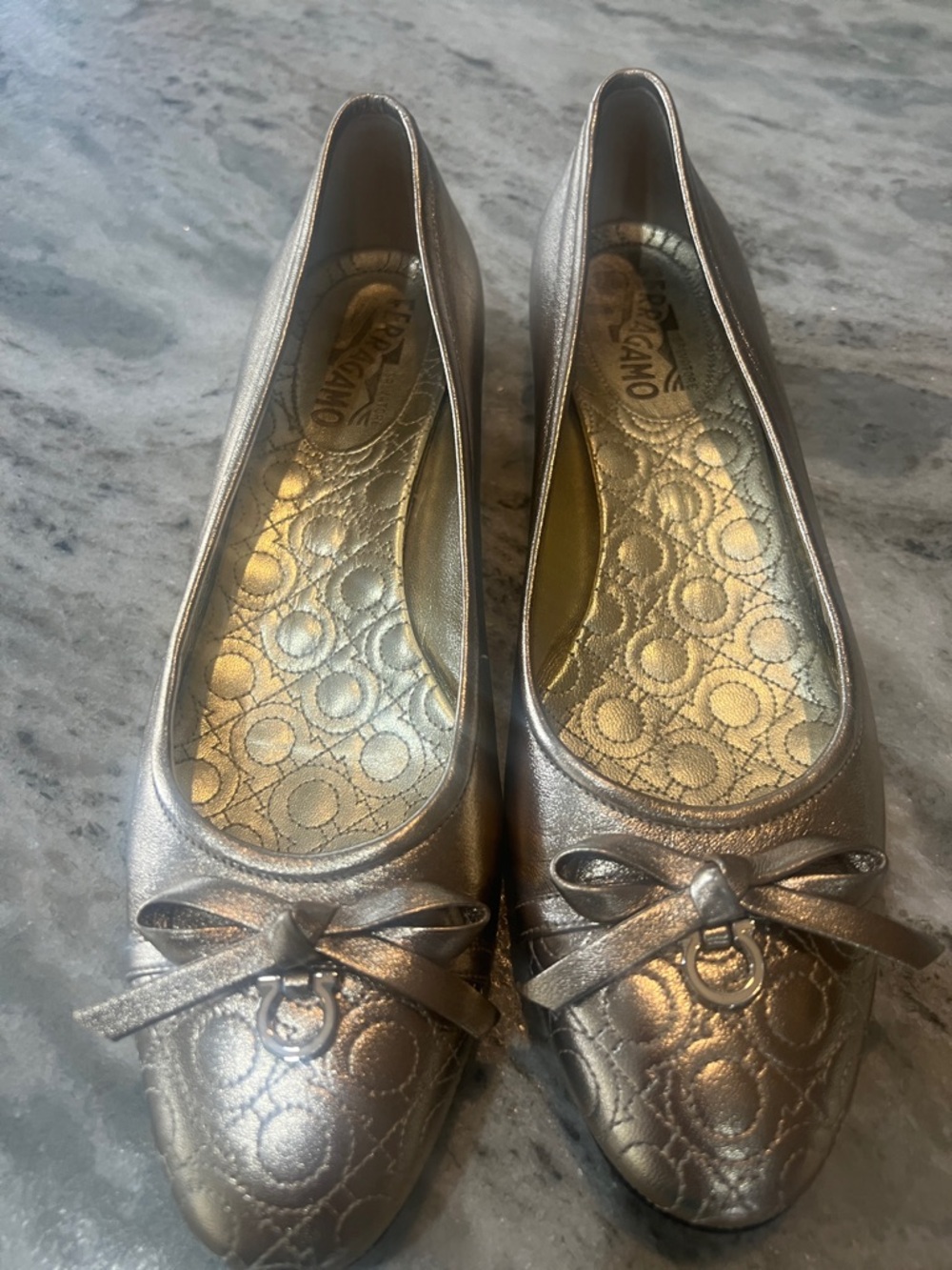 Salvatore Ferragamo Metallic Silver Quilted Bow Flats